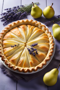 Apple pie on a plate with pears and lavender.