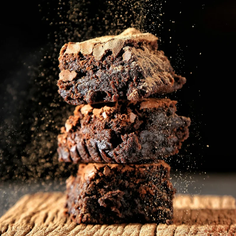 a stack of brownies with powder on top