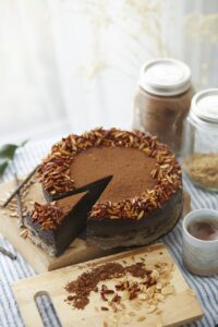 Chocolate cake with a slice cut out